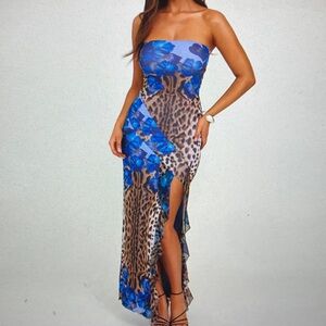 Strapless Blue Floral & Leopard Print Maxi Dress